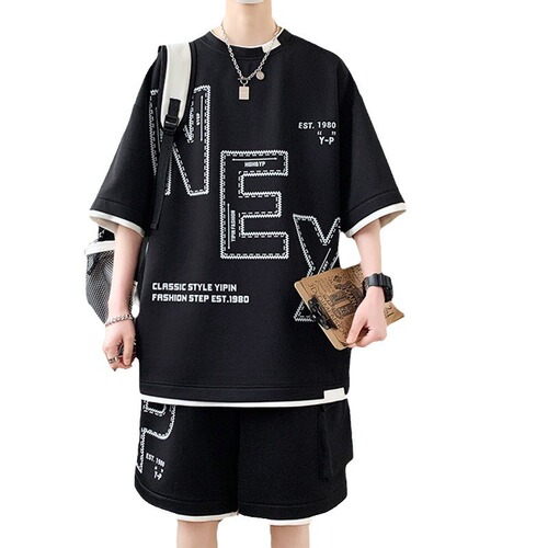Men's Summer Casual Sports Suit, Loose Fit, Plus Size, Half-Sleeve Short Sleeve Shorts Two-Piece Set