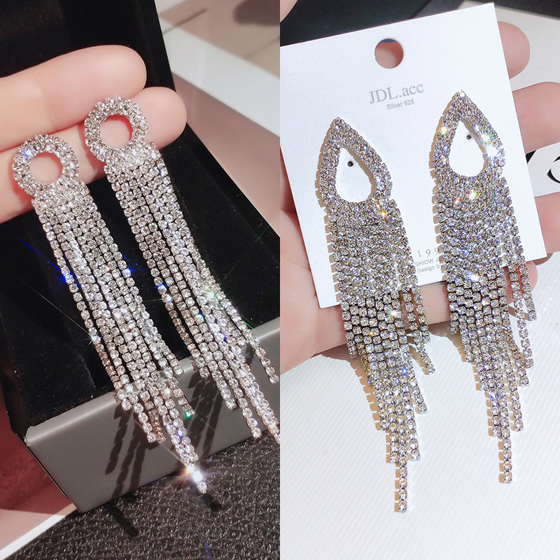 s925银针几何镶钻长款流苏耳环耳坠女网红时尚气质显脸瘦耳饰品潮