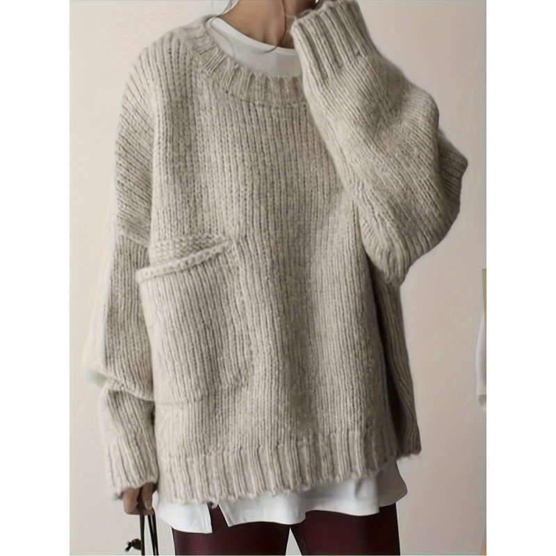 Plus Size Solid Pocket Crew Neck Sweater Casual Long Sle跨境|undefined
