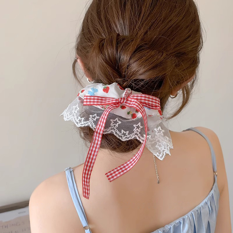 Japón chica fresas impresión toallas cuadrada anillo de cabello de encaje estilo pastoral trampa intestino fresco cuerda de cabeza