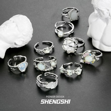 韩版小众ins风肌理镶嵌月光石欧珀个性开口复古戒指女批发不掉色