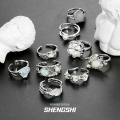 韓版小眾ins風肌理鑲嵌月光石歐珀個性開口復古戒指女批發不掉色