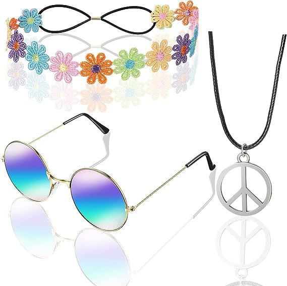 Accesorios de vestir hippies de la década de 1960, diadema de girasol, gafas redondas, conjunto de aretes de collar de talismán de paz