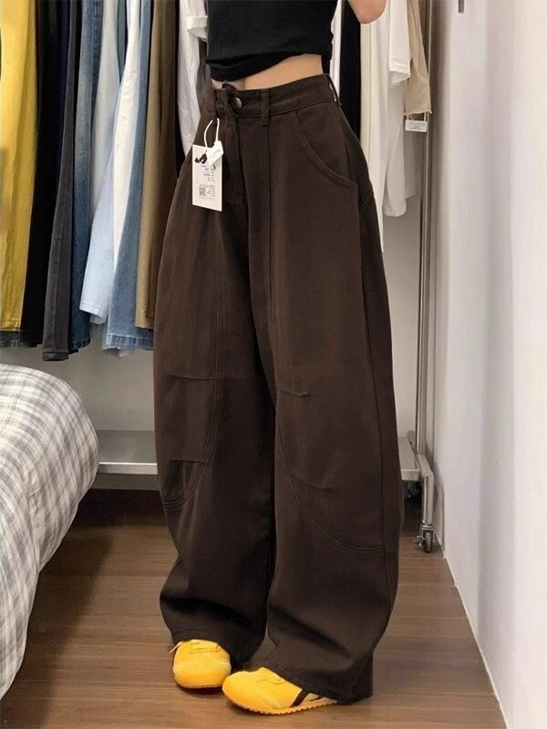 Maillard retro coffee-colored curved hem jeans for petite women, high-waisted, loose-fitting, wide-leg, slimming, straight-cut trousers Maillard retro coffee-colored curved hem jeans for petite women, high-waisted, loose-fitting, wide-leg, slimming, straight-cut trousers