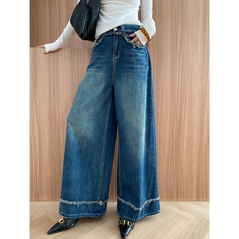 司南时髦尖子生设计感做旧毛边直筒高腰阔腿拖地牛仔裤
