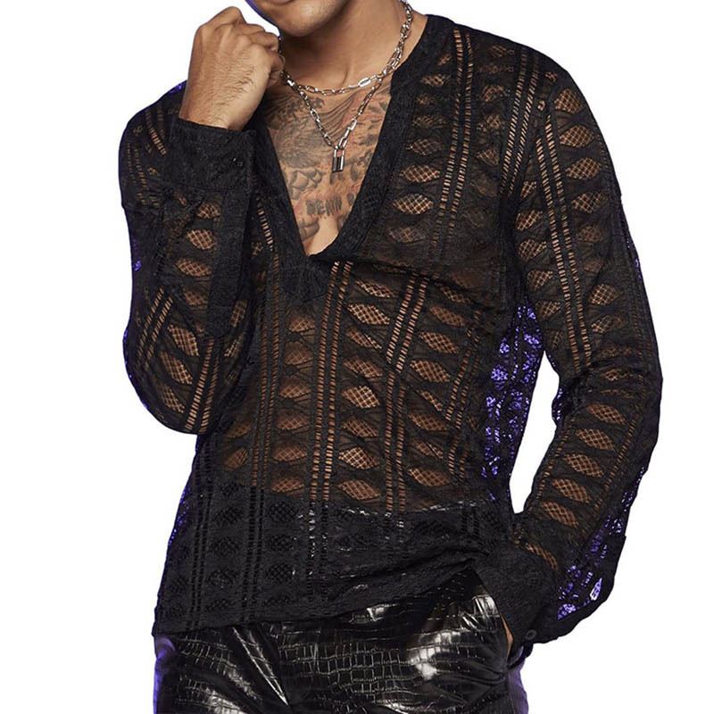Cross-Border European and American Men's Fishnet Transparent Long-Sleeve Notched Collar Hollow-Out See-Through Shirt Men's Shirt Hollow-Out V-Neck T-Shirt