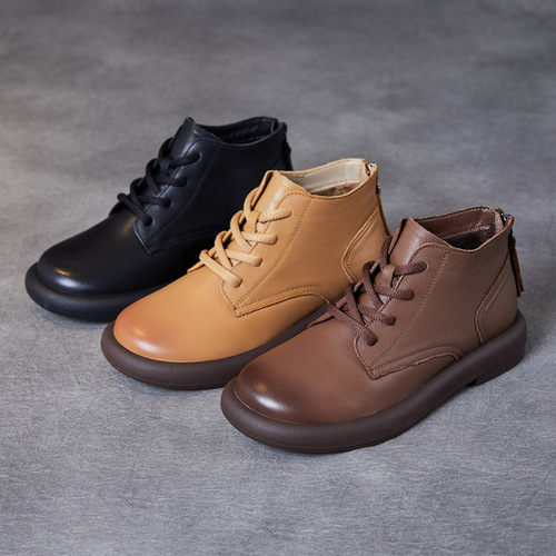 First-layer cowhide flat-bottom round-toe retro brown sassafras color high-top single-layer leather nude boots casual and versatile autumn and winter women's cotton shoes