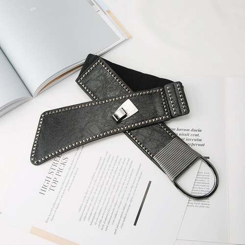 European and American rivet belt for women, decorative, fashionable and versatile, personalized elastic elastic waistband, wide punk style ins cool outer wear