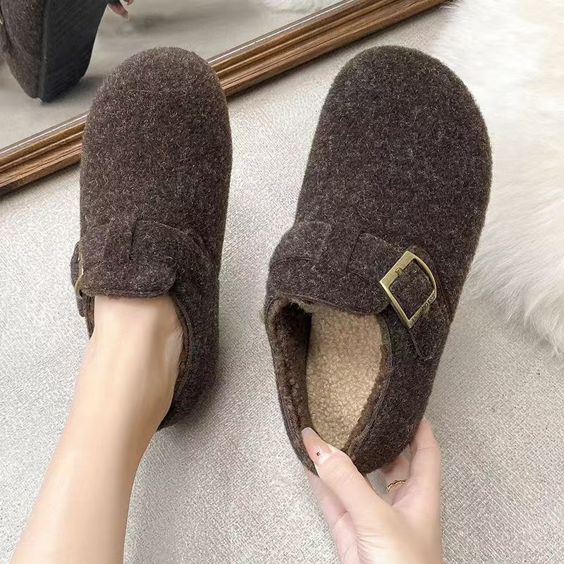 Retro Felt Fleece-Lined Birkenstock Shoes for Women 2025 Autumn and Winter Slip-On Fleece-Lined Warm Woolen Soft-Soled Loafers