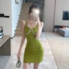 Elastic pleated tight fitting buttock strap bottom vest dress
