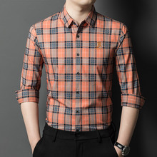 春秋季休闲男式衬衫中年时尚格子长袖新款商务衬衣宽松爸爸装代发