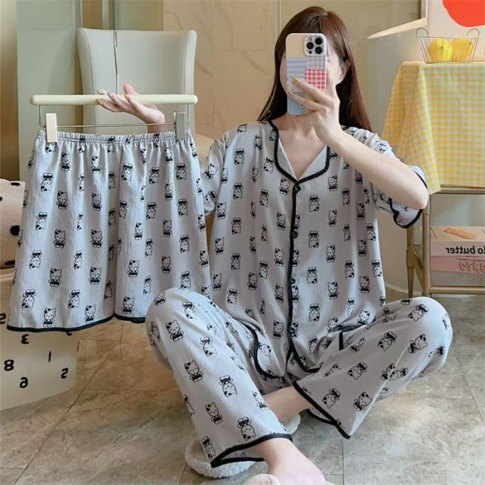 Pijamas de algodón de nube Cárdigan de tres piezas de verano para mujer Pantalones cortos de manga corta Pantalones cortos Dulce transmisión en vivo Paquete de servicio a domicilio Orden exterior