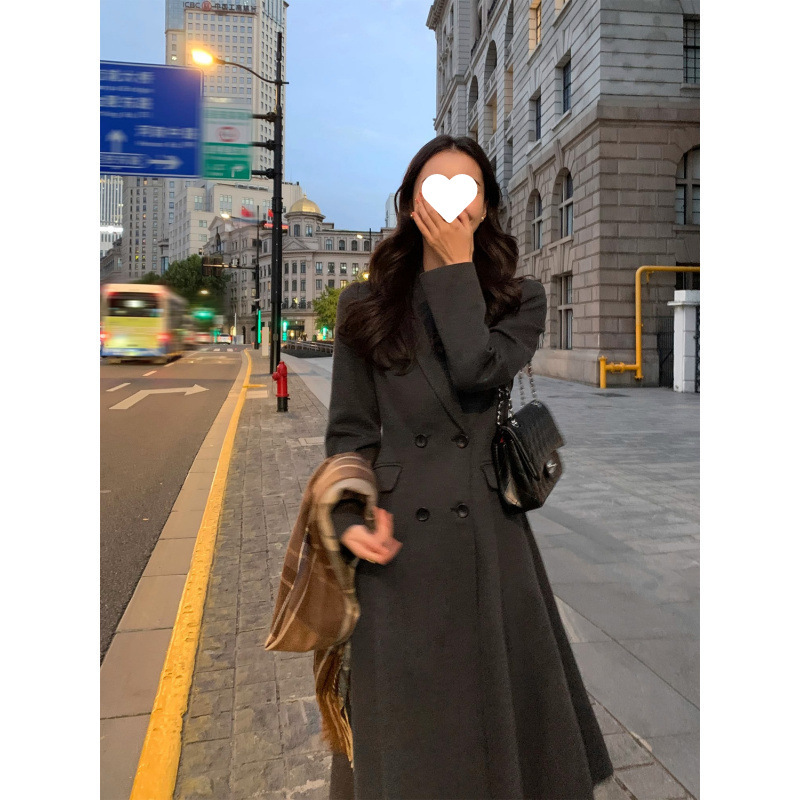 Black Hepburn Style Woolen Coat Women's Suit Collar New Style Waist Slimming Long Style Woolen Coat