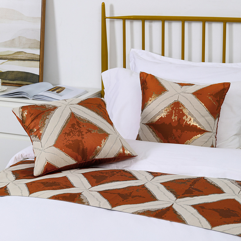 Luxury American large grid jacquard bed flag pillow boutique hotel personalized homestay soft furnishings bedding bed tail cloth wholesale 