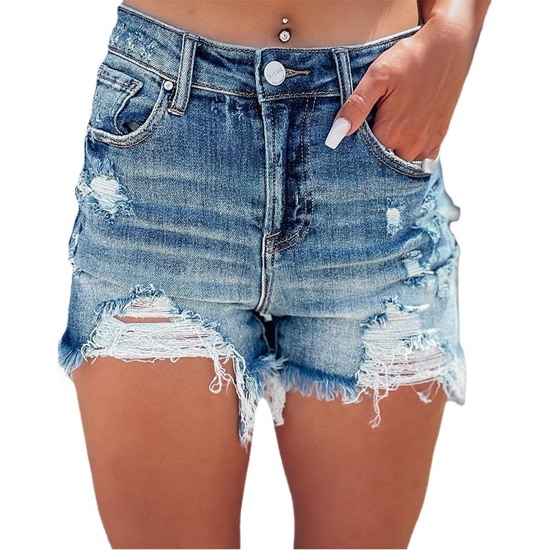 Shorts de Mezclilla Desgastados de Estilo Europeo y Americano para Mujer, Verano 2024, Cintura Alta, Corte en A, Dobladillo Deshilachado, Shorts Modernos