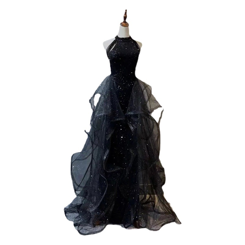 Anfitrión vestido de noche negro alto nicho Luz de lujo lentejuelas Socialite temperamento vocal rendimiento vestido de banquete para las mujeres