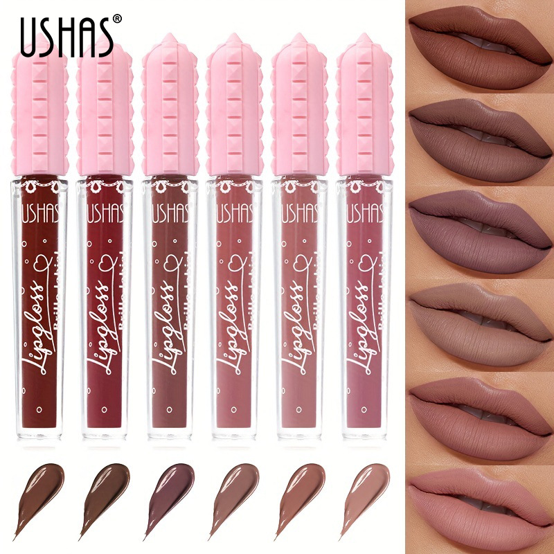 USHAS Amazon 6 colores líquidos transfronterizos lápiz labial esmalte de labios, lápiz labial de mujer, lápiz labial sin taza de lápiz labial mate