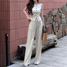 简约通勤老钱风女年春夏季时尚轻薄麻感小马甲西裤套装两件套