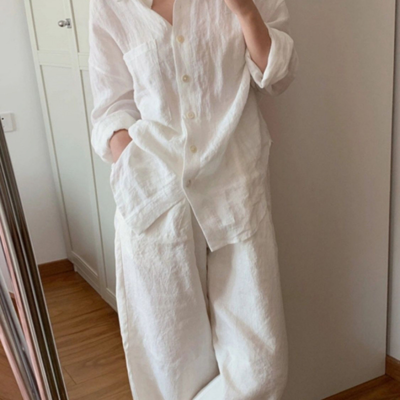 白色棉麻套装女2025春新款简约休闲小香风百搭宽松衬衫长裤两件套|undefined