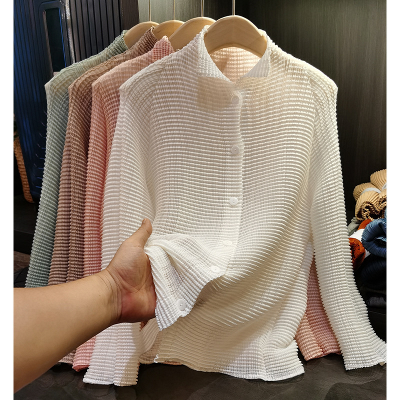 Japanese-Style Ruched Corn Kernel Shirt for Women, Fashionable Slim-Fit Single-Breasted Long-Sleeve Cardigan ~ Sun Protection Shirt ~ Ruched Slim-Fit