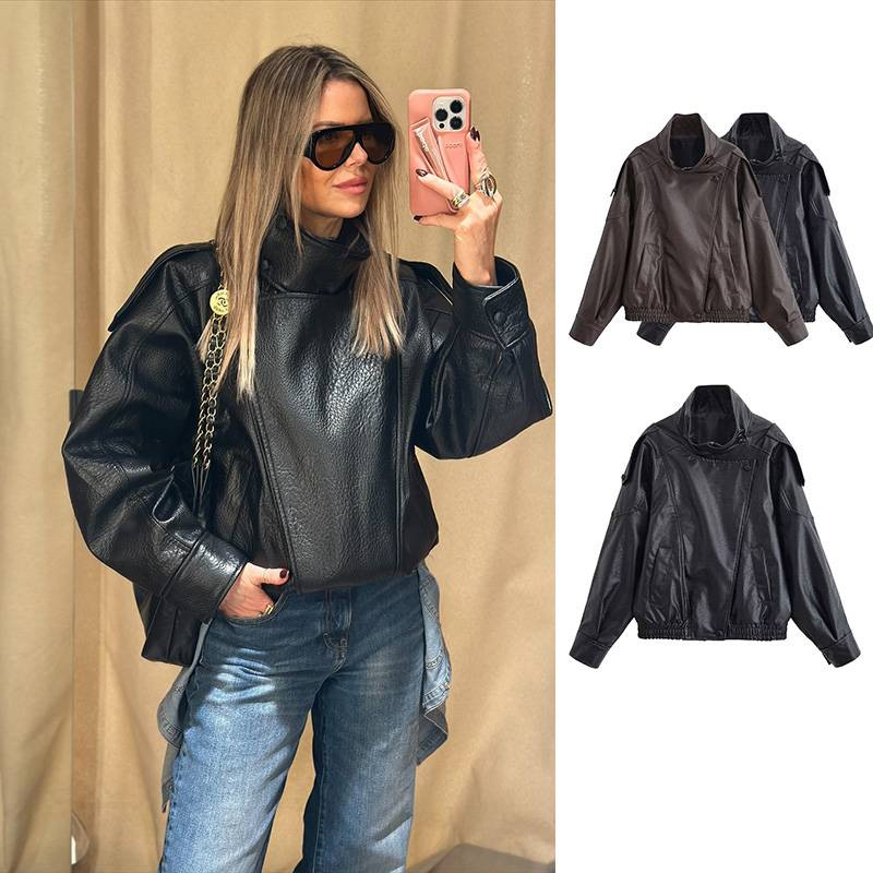 Aliexpress Cross-Border European and American Style Autumn and Winter New Street Personality Retro Motorcycle Leather Jacket Women's Clothing