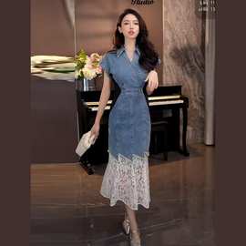 气质复古蕾丝拼接牛仔连衣裙女2025夏季新款收腰显瘦中长款鱼尾裙