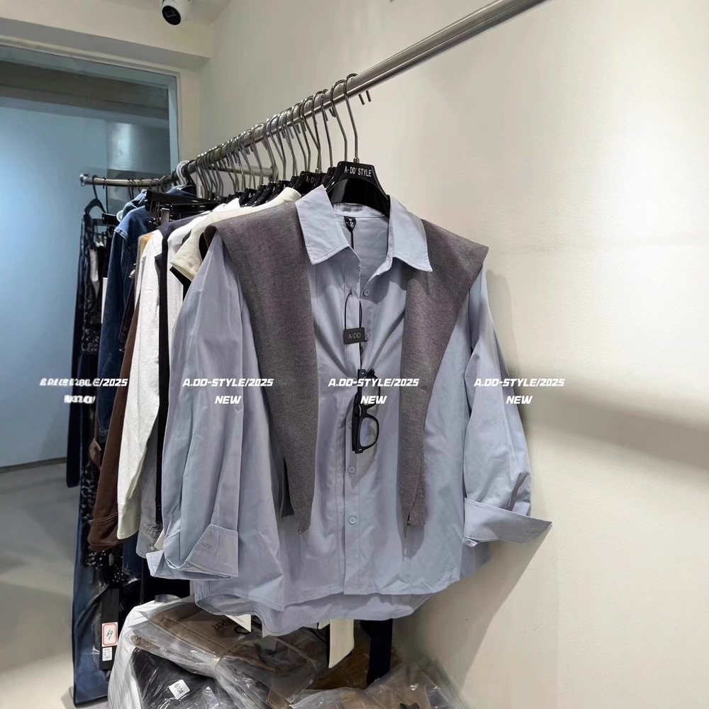 韩国东大门秋季新款复古气质韩系长袖衬衫搭配针织披肩两件套上衣