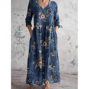 Foreign Trade Cross-Border European and American Printed European and American Summer Urban Casual Loose Dress for Women