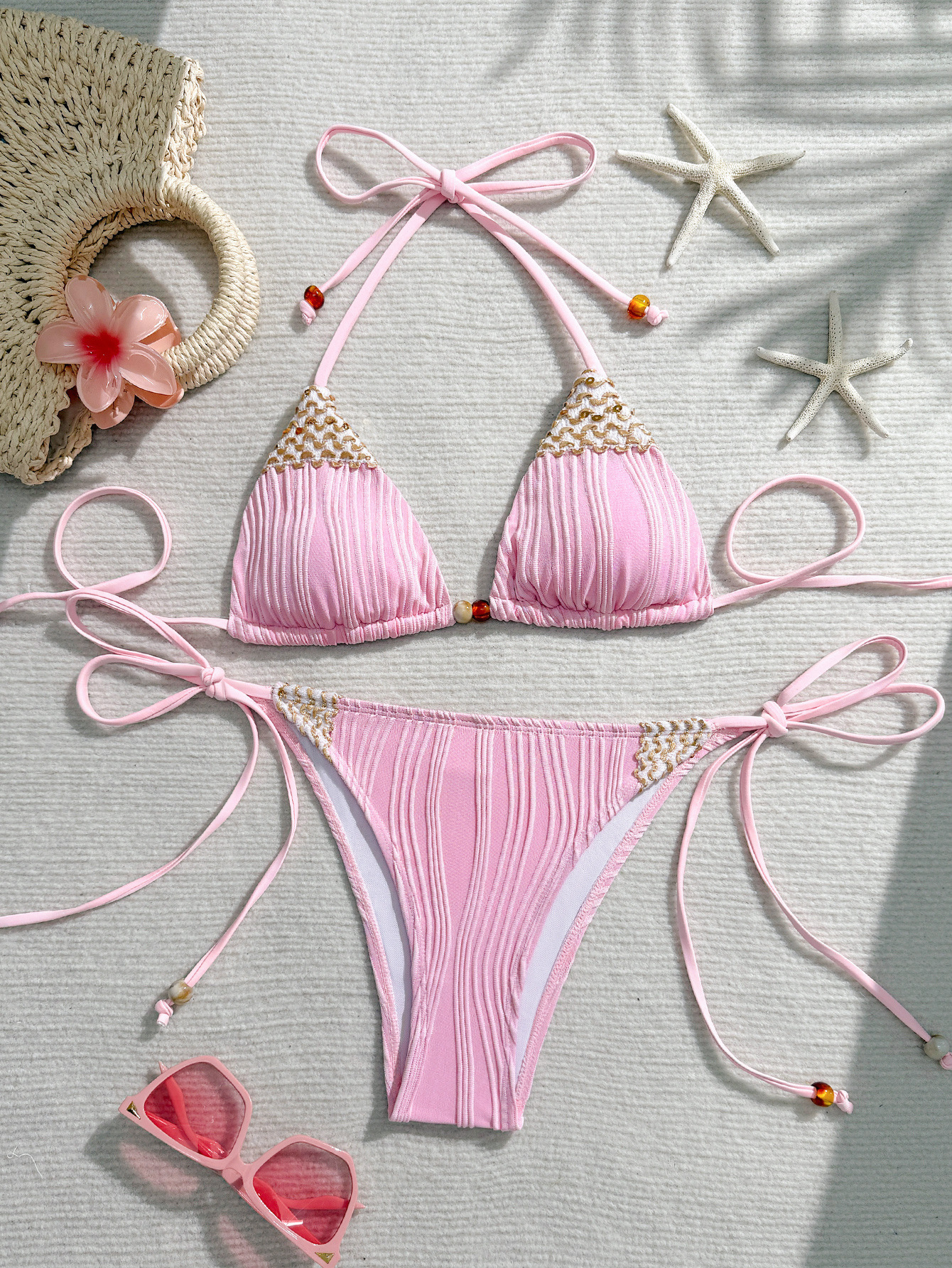 Women's Solid Colour Two Piece Bikini Set Fairy Style Tie Waist_voghion.com