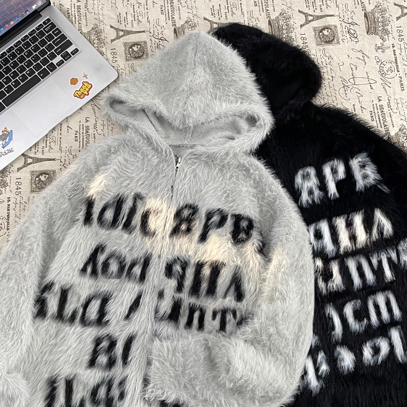 American Letter Lazy Sweater Cardigan Men's High Street Zipper Mink Bristles Loose Sweater Jacket for Couple