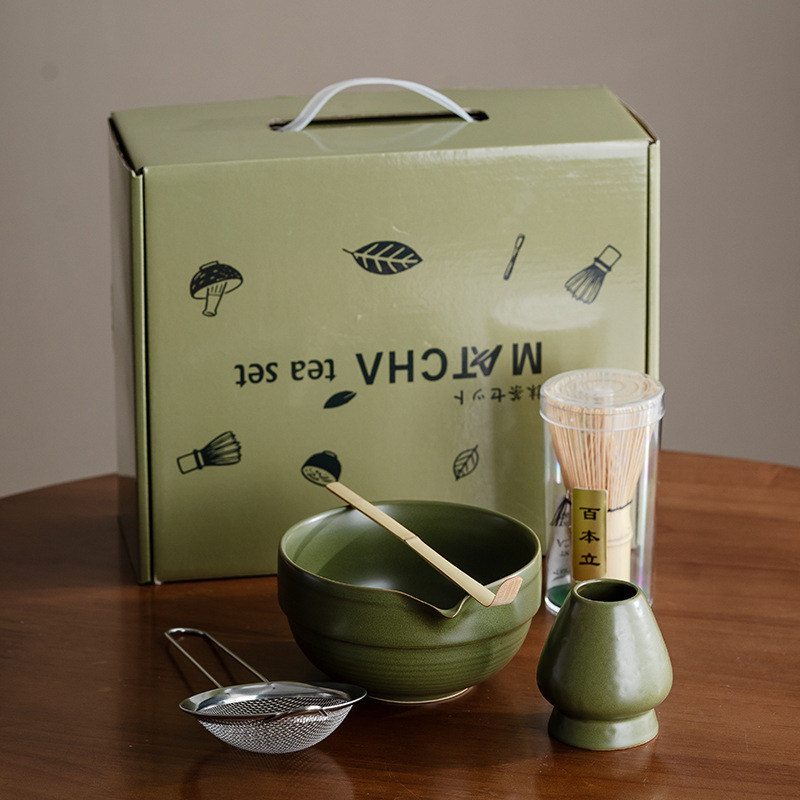 大型日本茶風抹茶ボウル、抹茶道具、抹茶ブラシ、茶碗、かわいいストライプ茶筅セット|undefined