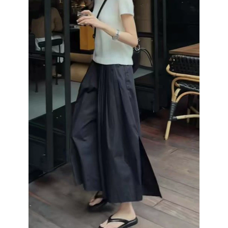 Черные штаны с открытыми вилками женский летний тонкий 2025 новый большой юбка с высокой талией тонкая и простая широкая штаны