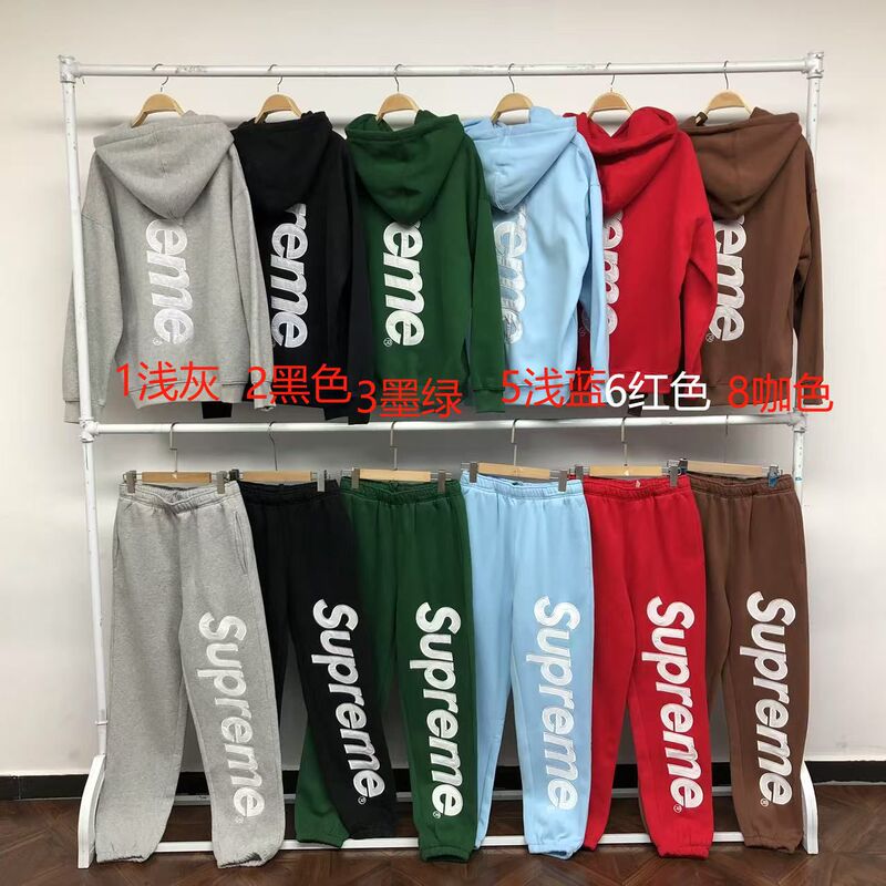 Cross-Border Authentic Export Original Sup Patch Logo Embroidered Heavyweight Sweatshirt Set for Men, Popular Ins Style for Autumn and Winter