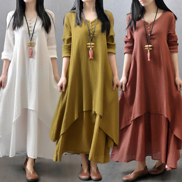 2024 Spring and Autumn New Fake Two-Piece Long Skirt Literary Large Swing Linen Dress Loose Long Sleeve Cotton and Linen Skirt