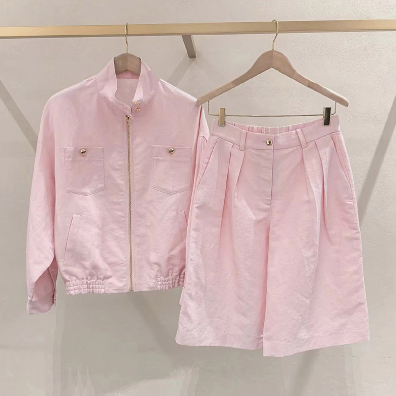Qadın Pink Zip Ceket və Düz Şalvar Dəsti