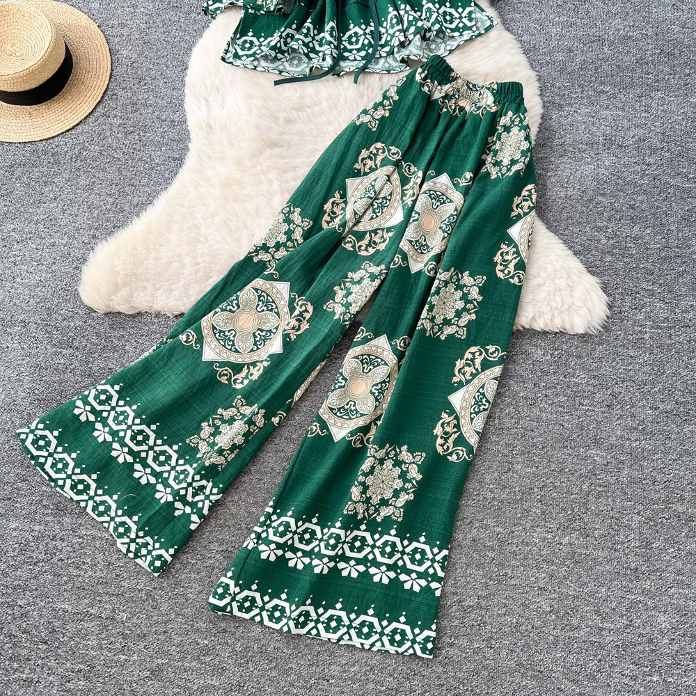 Women's Pant Set V Neck Lantern Sleeve Top And High Waisted Trousers_voghion.com