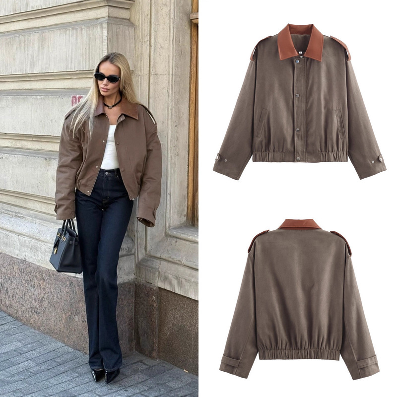 Za Foreign Trade Cross-Border Spot Wholesale European and American Style Women's Autumn Fashion Hot-Selling Color-Blocking Suede Women's Jacket Coat