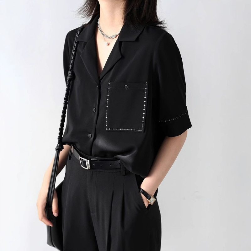 Oriental Fantasy Elegant Design Sense Contrast Color Stitch Lapel Shirt Women's Spring and Summer New Loose Strap Shirt Top