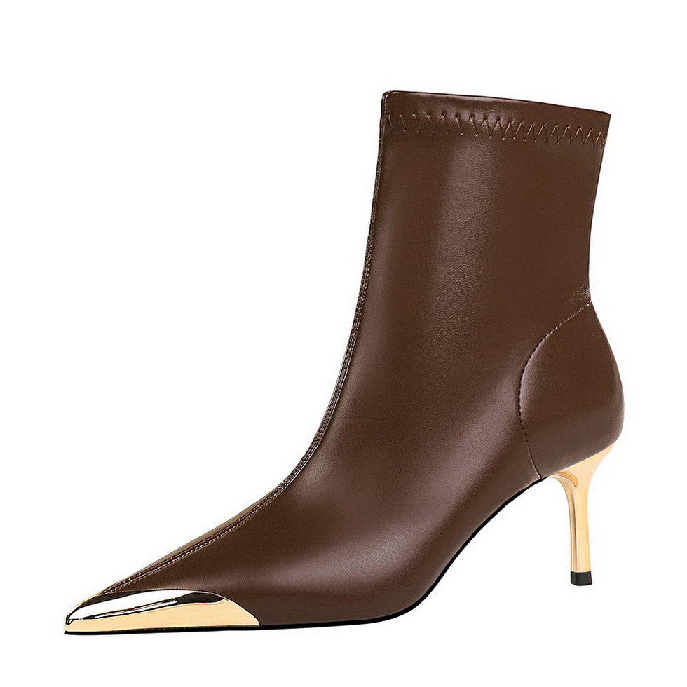 319-A11 Korean Style Simple Autumn Winter New Light Luxury Women's Thin Mid Heel Pointed Iron Toe Metal Decoration Short_vogvips.com