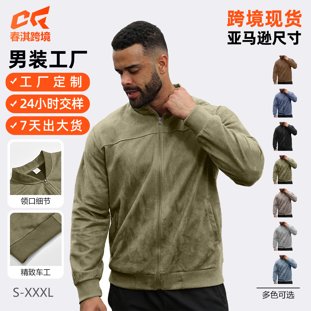 Transfronterizo nuevo Amazon gamuz hombre chaqueta de vuelo con cremallera europea y americana diseño de empalme de color sólido chaqueta simple