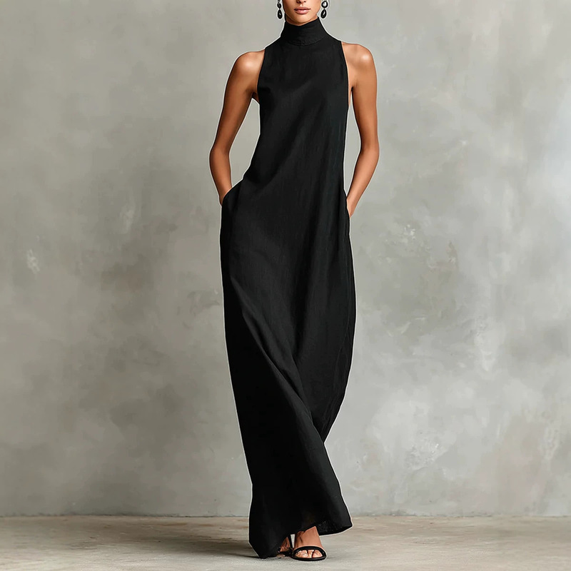 2026 Cross-Border European and American Summer Linen High-Neck Sleeveless Long Dress Loose Simple Casual Style Long Women's Dress