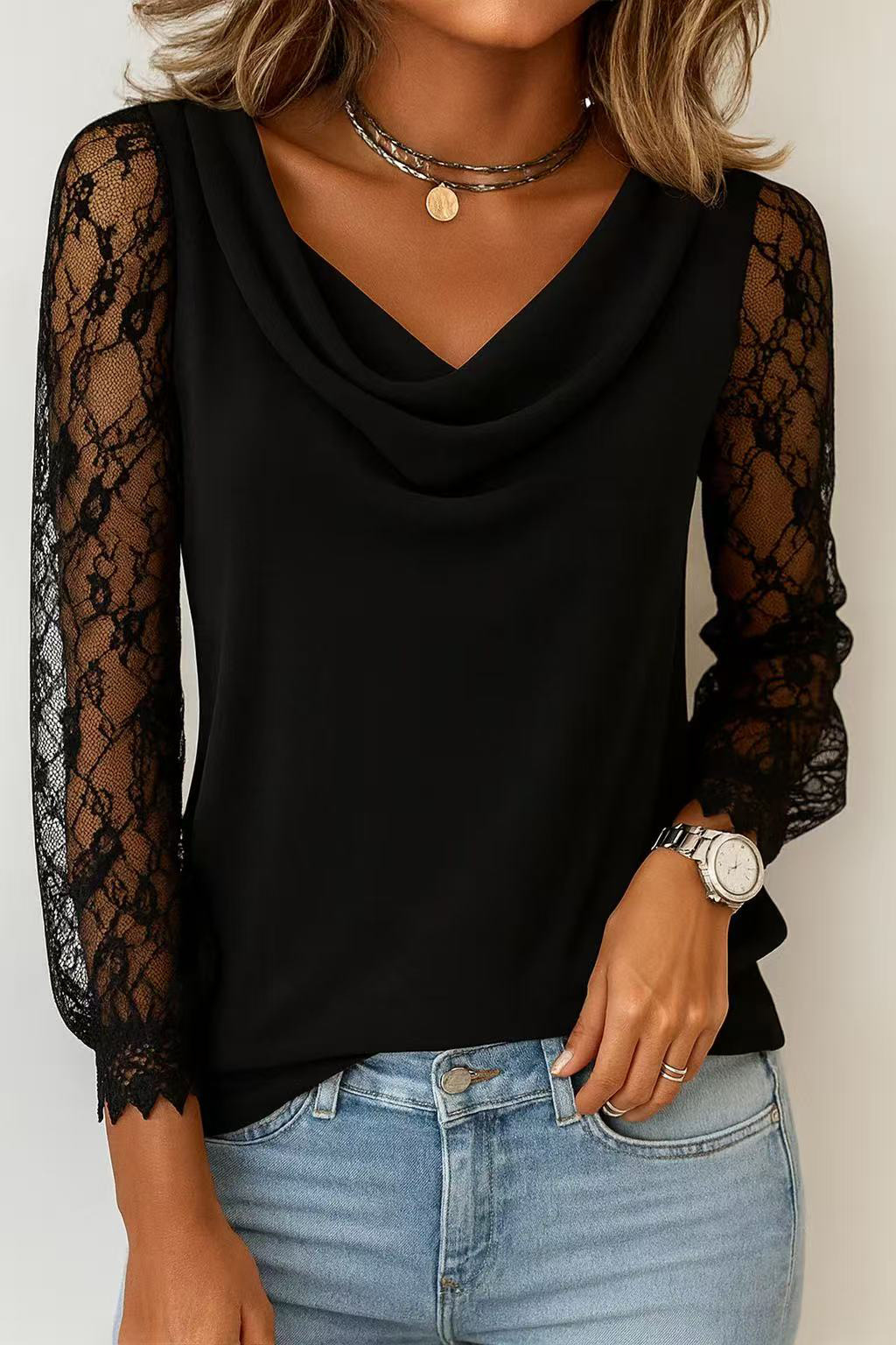 Elegante Damenbluse Mit Drapiertem Ausschnitt Und Spitze_voghion.com