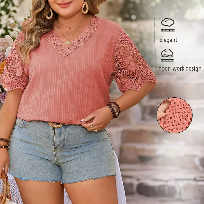 亚马逊2025夏季新款大码T恤外贸欧美纯色短袖上衣镂空印花V领上衣