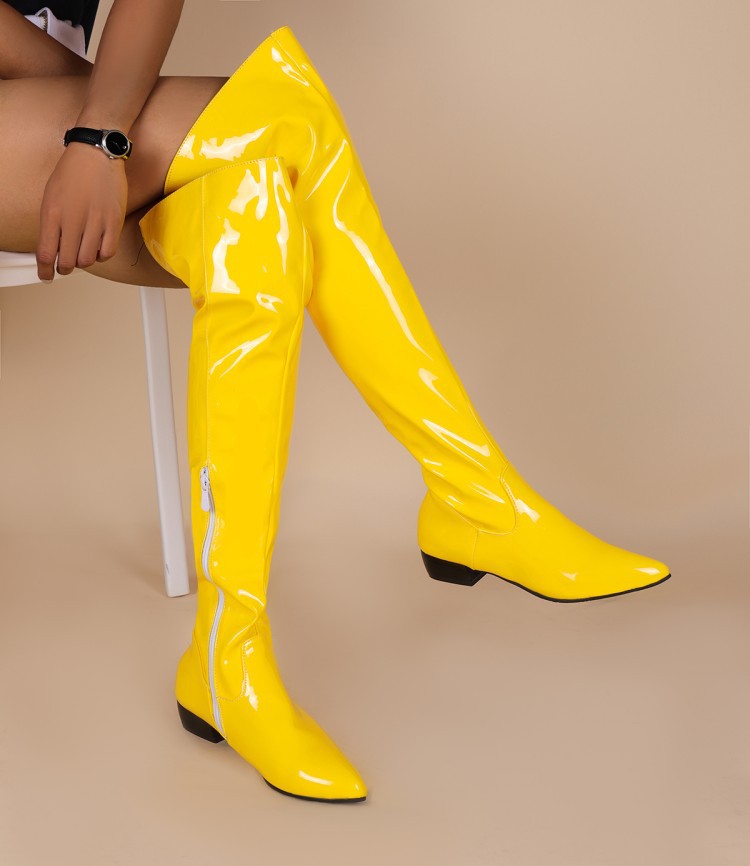 Stivali sopra il ginocchio da donna autunno e inverno con cerniera laterale in vernice color caramella con tacco basso, stivali alti fino al ginocchio W389_voghion.com