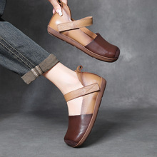 头层牛皮复古手工软底方头奶奶鞋2024秋季新款魔术贴森系平底女鞋