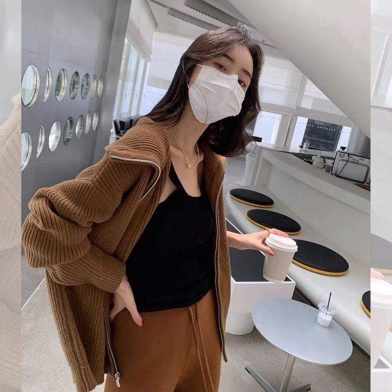 100纯羊毛针织开衫女士高领毛衣秋冬新款宽松大版慵懒风拉链外套|undefined