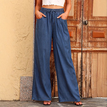 跨境女装新款亚马逊阔腿仿牛仔裤欧美宽松高腰抽绳人棉休闲长裤女