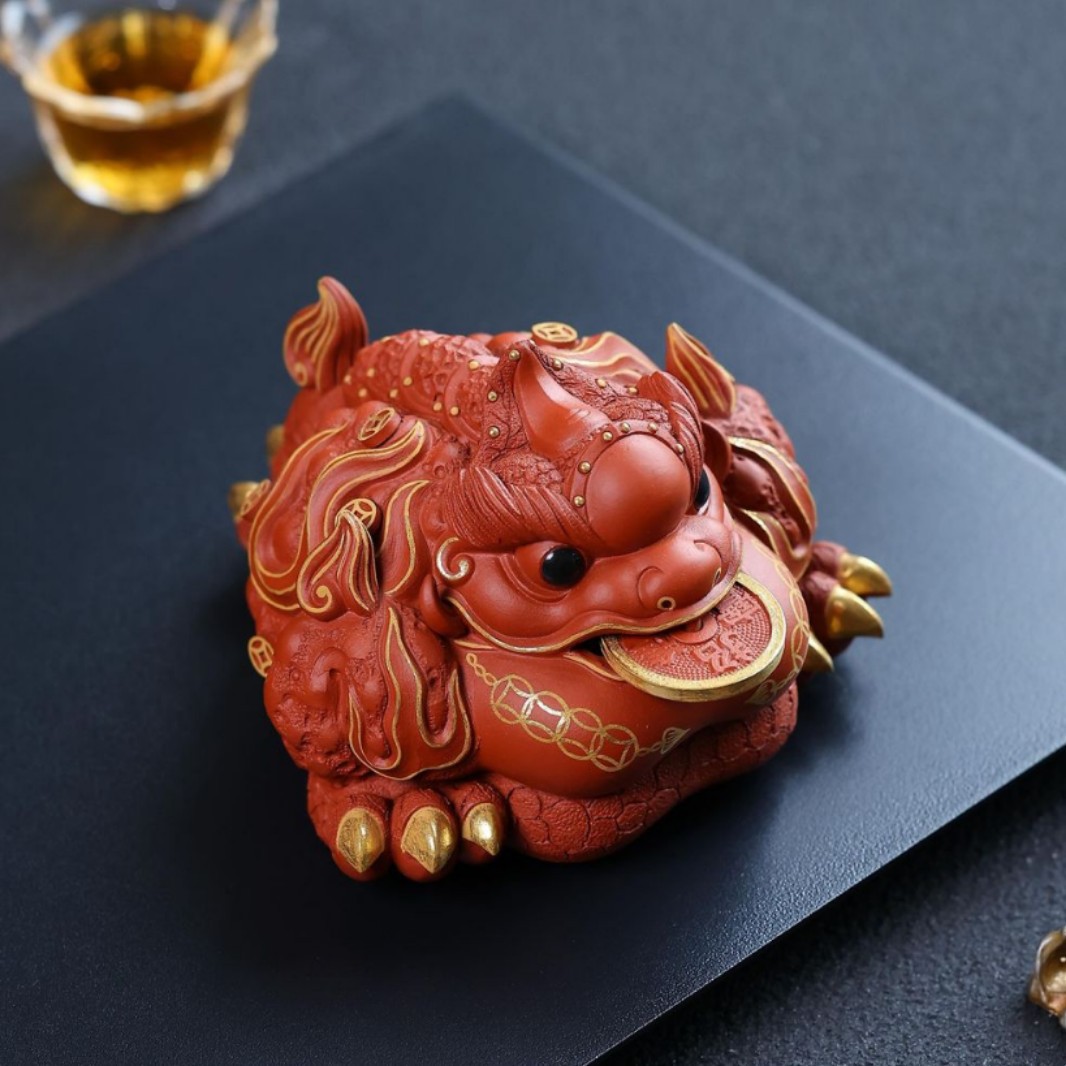 紫砂朱泥描金招财金蟾茶宠可养茶玩精品三足金蟾大号茶桌摆件配件