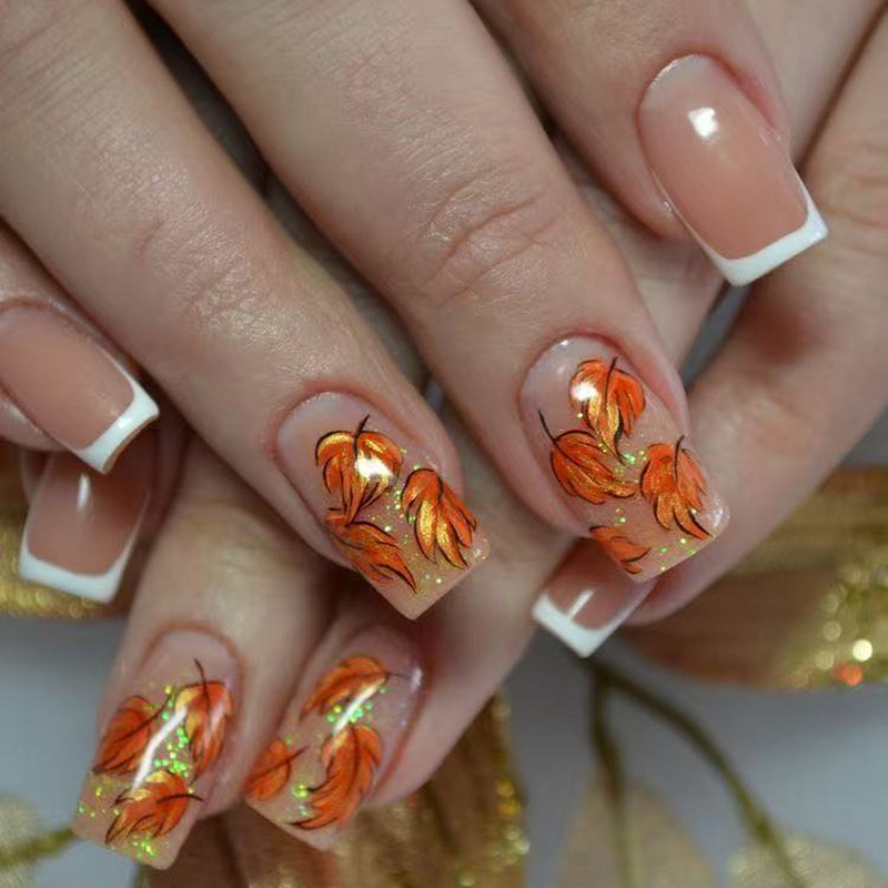 Simple Autumn Maple Leaf White French-Style Chinese-Style Press-On Nails Thanksgiving Fake Nails
