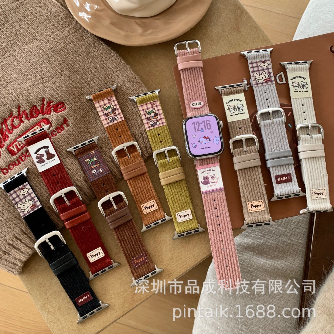 Suitable for Apple 9 S10 S11 Cute Sticker Corduroy Watch Strap Huawei Fit4 Xiaomi 9Pro Autumn and Winter Wristband